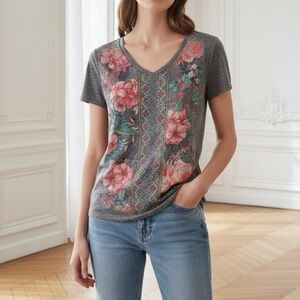 Style & Co. Short Sleeve Tee Shirt Heather Grey Medium Floral